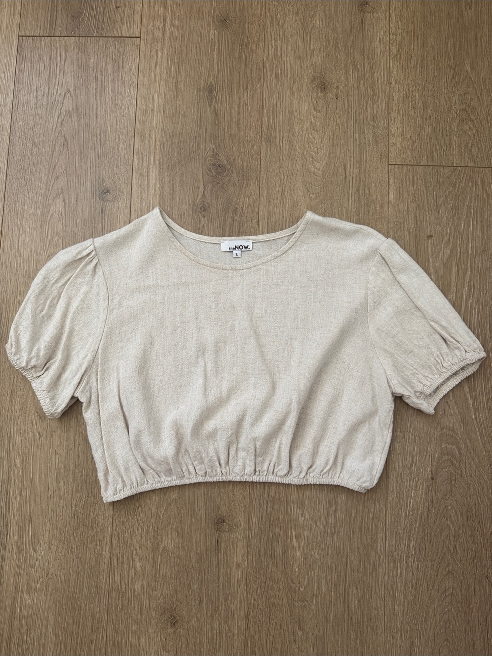 Cropped Linen-Textured Cream Puff-Sleeve Top